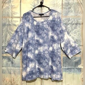 N Touch Blue Floral Tie-Dye Top 2X Boho Casual 3/4 Sleeve